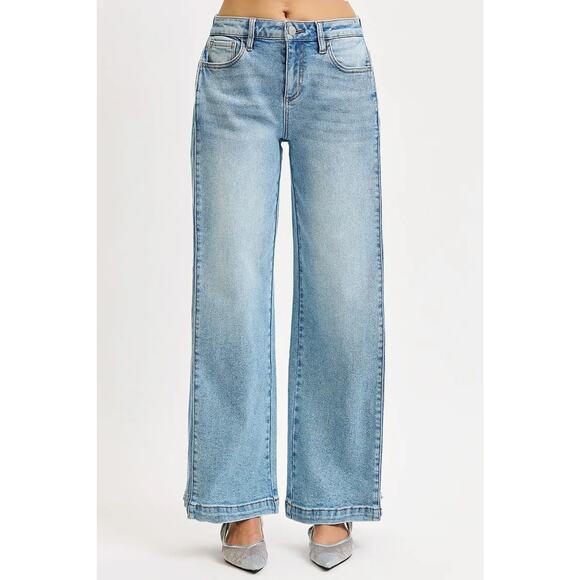 RISEN Mid Rise Snap Button Medium Wash Wide Barrel Transferable Leg Denim Jeans - Picture 7 of 12